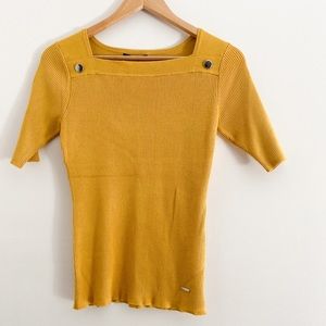 T Tahari Square Neck Ribbed Short-Sleeve Sweater